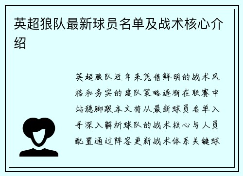 英超狼队最新球员名单及战术核心介绍