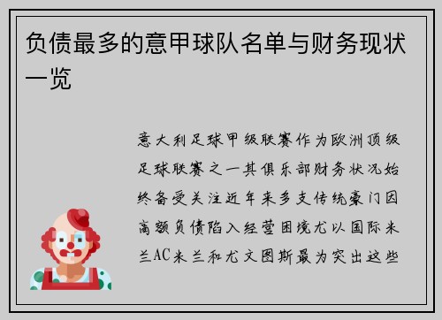 负债最多的意甲球队名单与财务现状一览
